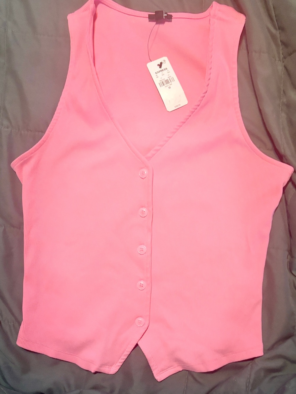 Express Hot Pink Ribbed Button-Front Tank - Picture 3 of 6